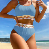Zwarte High-Waist Bikini met Chevron-Detail – 2-delig Set met Spaghettibandjes & Structuurstof