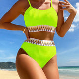 Zwarte High-Waist Bikini met Chevron-Detail – 2-delig Set met Spaghettibandjes & Structuurstof