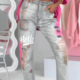 Alina™ Trendy damesjeans met graffiti-print