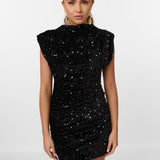 Schouder Gewatteerde Pailletten Mini Jurk – Statement Partyjurk met Luxe Sprankeling
