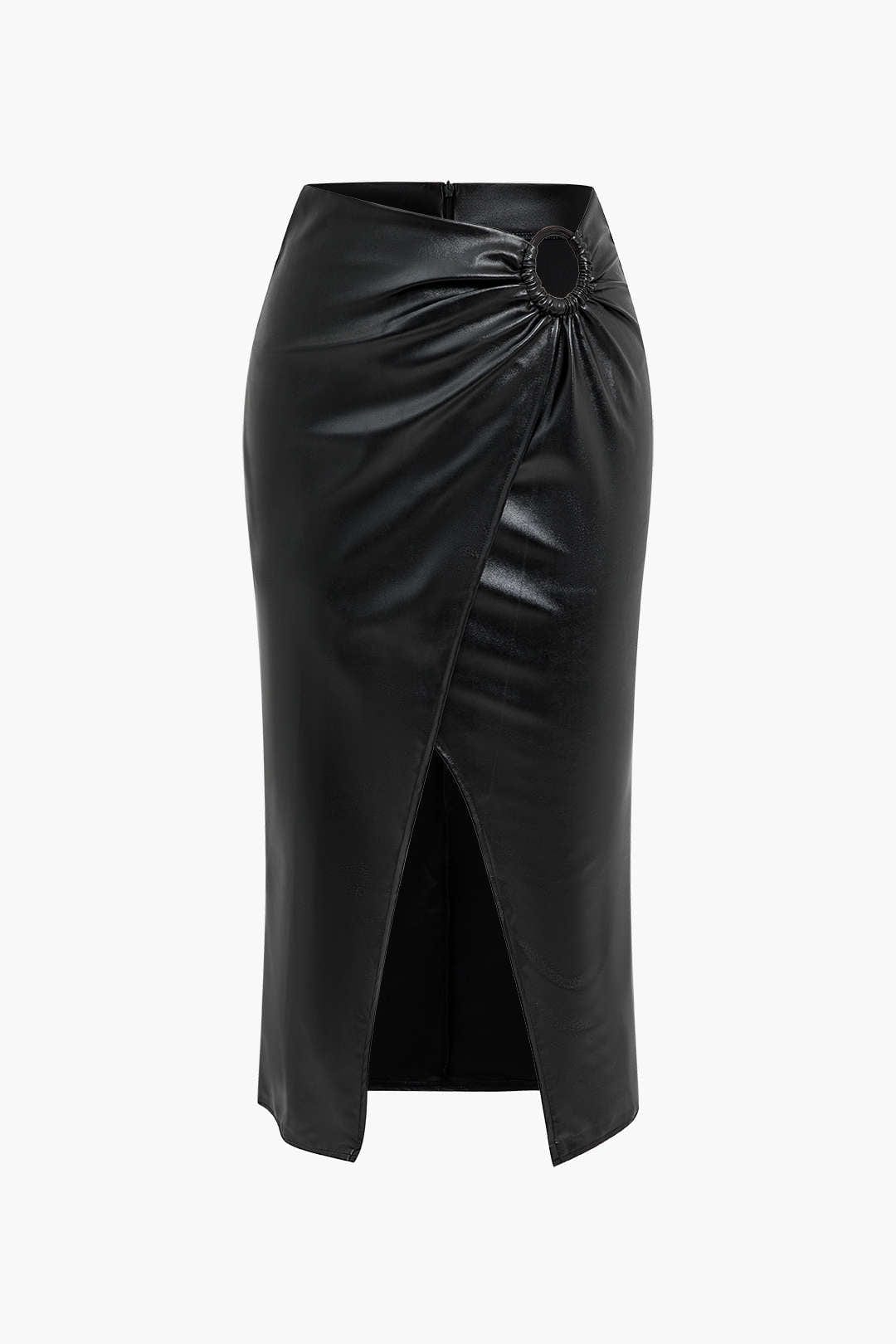 Ermelinda | Figuroverhevend Kunstleder-Midirok met Wickeloptiek, Decoratieve Gesp en Hoge Split