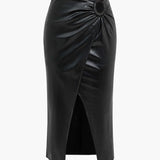 Ermelinda | Figuroverhevend Kunstleder-Midirok met Wickeloptiek, Decoratieve Gesp en Hoge Split