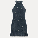 Lola | Gebreide Minidress met Parels en Rimpelrand