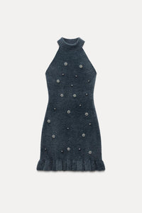 Lola | Gebreide Minidress met Parels en Rimpelrand