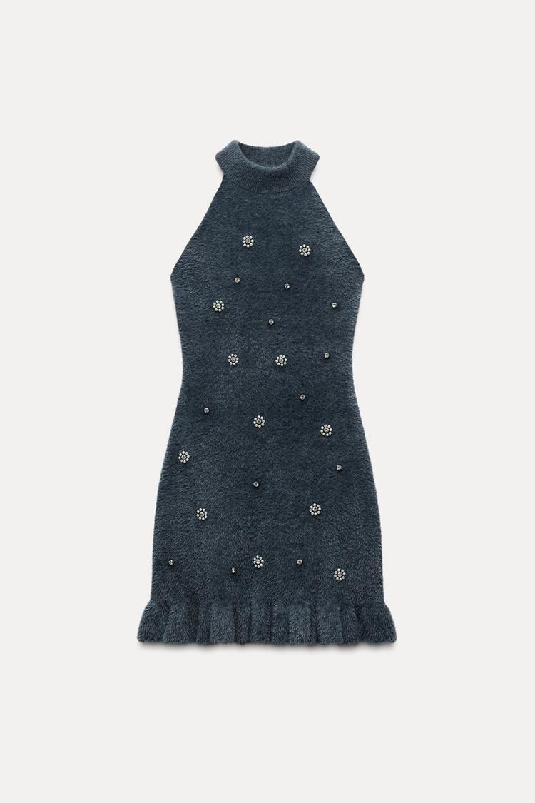 Lola | Gebreide Minidress met Parels en Rimpelrand