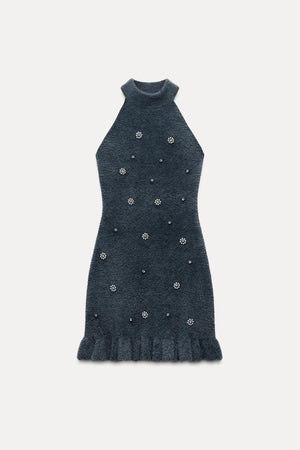 Lola | Gebreide Minidress met Parels en Rimpelrand