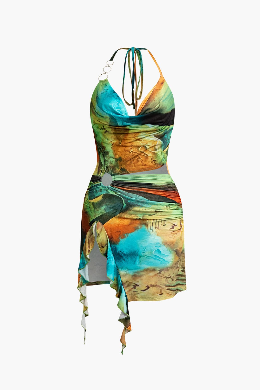 Mira | Asymmetrische Zijsplit Halter-Neck Mini-jurk met Kunstprint