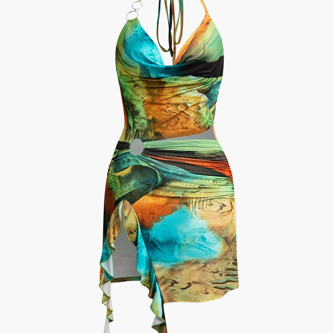 Mira | Asymmetrische Zijsplit Halter-Neck Mini-jurk met Kunstprint