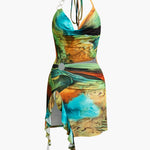 Mira | Asymmetrische Zijsplit Halter-Neck Mini-jurk met Kunstprint