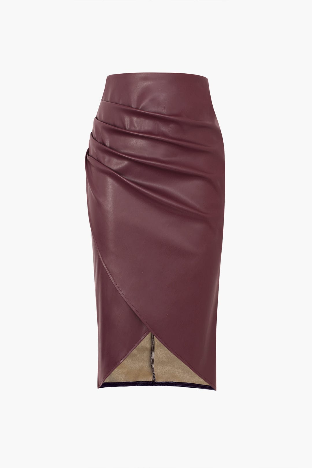 Edwina | Figurbetonende Kunstlederen Midirok met Asymmetrische Wickeloptiek