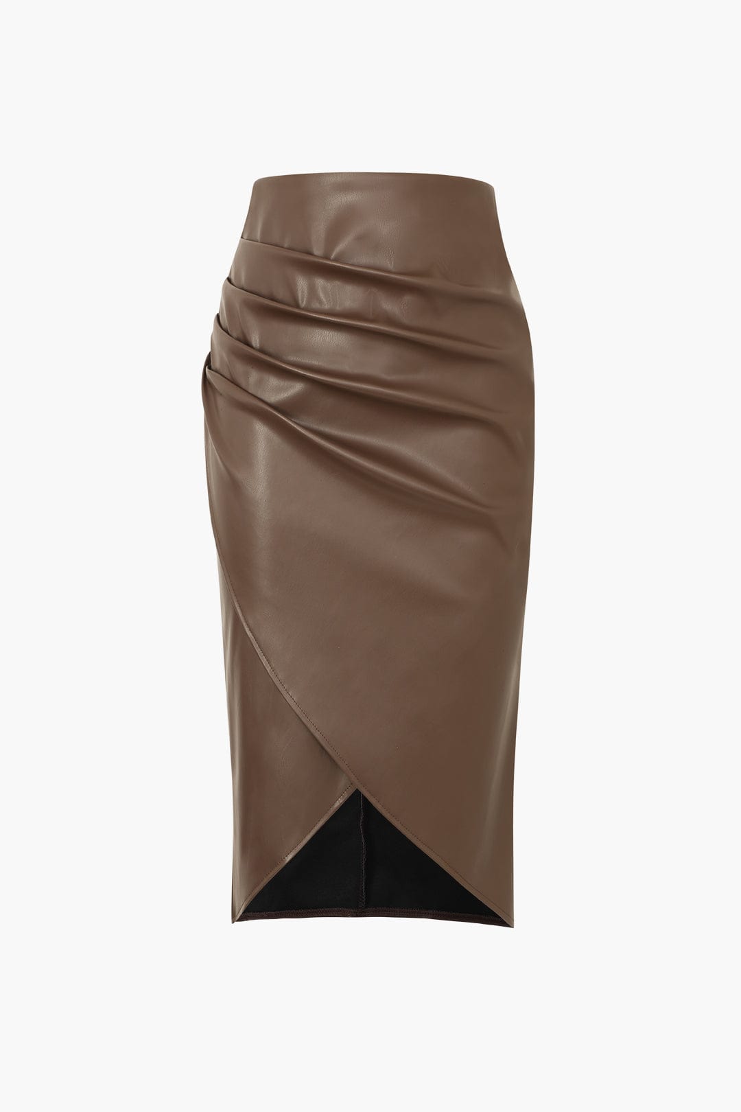 Edwina | Figurbetonende Kunstlederen Midirok met Asymmetrische Wickeloptiek