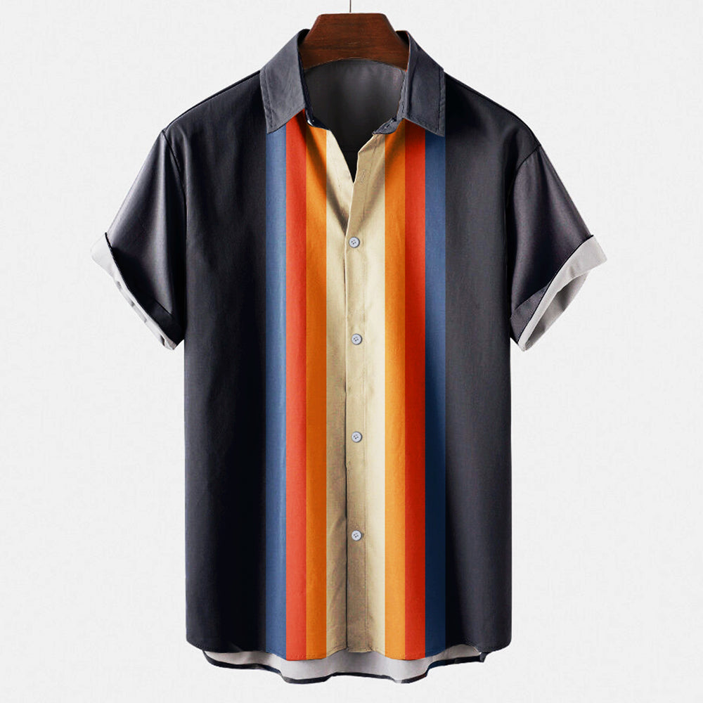 Sebastian | Grafische Strepen Korte Mouwen Overhemd met Retro Vibes
