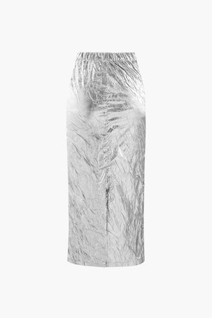Elfriede | Glanzende Metallic-Midirok met Crinkle-effect en elastische tailleband