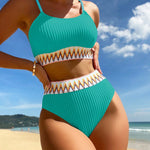 Zwarte High-Waist Bikini met Chevron-Detail – 2-delig Set met Spaghettibandjes &amp; Structuurstof