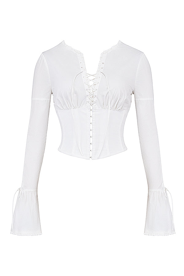 Annalena | Trendy Witte Lange Mouwen Corset Top met Vetersluiting