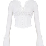 Annalena | Trendy Witte Lange Mouwen Corset Top met Vetersluiting