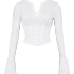 Annalena | Trendy Witte Lange Mouwen Corset Top met Vetersluiting