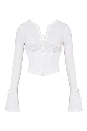 Annalena | Trendy Witte Lange Mouwen Corset Top met Vetersluiting
