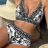 Hoge Taille Bikini met Bloemenpatroon & V-Hals