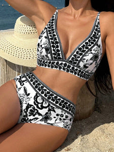 Hoge Taille Bikini met Bloemenpatroon & V-Hals