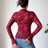 Geknipte kanten blouse met lange mouwen – Sexy, Transparant & Vrouwelijk