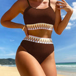 Zwarte High-Waist Bikini met Chevron-Detail – 2-delig Set met Spaghettibandjes &amp; Structuurstof