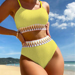 Zwarte High-Waist Bikini met Chevron-Detail – 2-delig Set met Spaghettibandjes &amp; Structuurstof