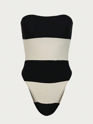 Schouderloze jumpsuit met contraststrepen & hoge beenuitsnijding