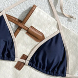 Sexy Triangle-Bikini in Marineblauw met Contrastzoom – Minimalistische 2-delige Set om te Touwen