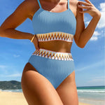 Zwarte High-Waist Bikini met Chevron-Detail – 2-delig Set met Spaghettibandjes &amp; Structuurstof