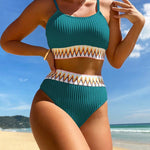 Zwarte High-Waist Bikini met Chevron-Detail – 2-delig Set met Spaghettibandjes &amp; Structuurstof