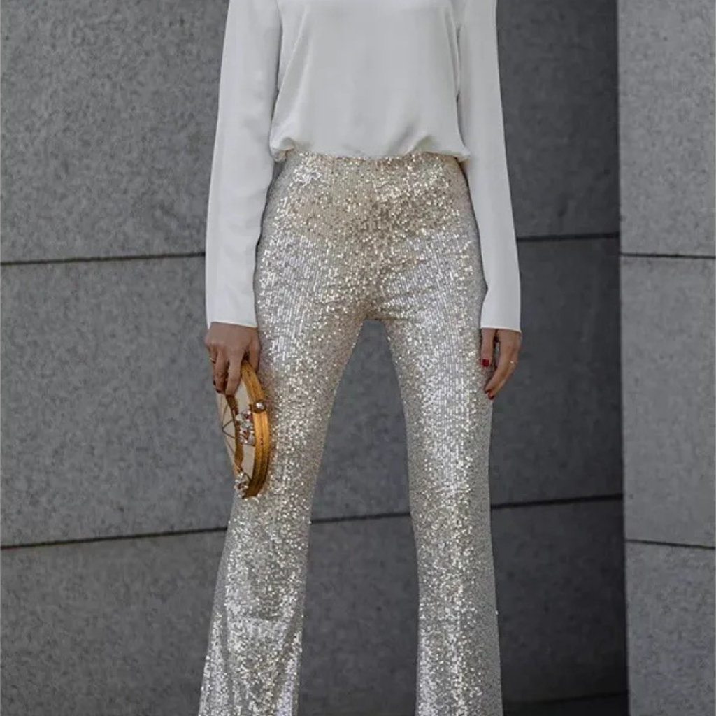 Noa | Sprankelende Flared Dames Broek | Glitter & Pailletten | Perfect voor Feestelijke Outfits