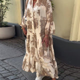 Maxi-jurk met print, volantmouwen & staande kraag – Stijlvol & Luchtig