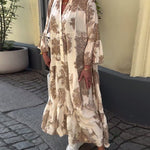 Maxi-jurk met print, volantmouwen & staande kraag – Stijlvol & Luchtig