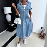 Rowena™ Denim Midi Jurk met Knoopsluiting