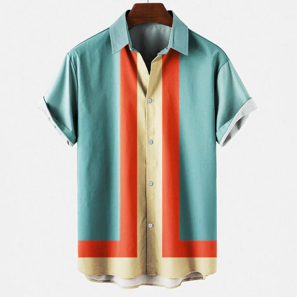 Sebastian | Grafische Strepen Korte Mouwen Overhemd met Retro Vibes