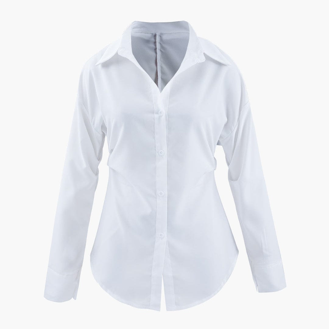 Ilaria | Witte Oversized Blouse met Benadrukte Taille en Klassieke Kraag