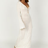 Maxi-jurk in haaklook met diepe halslijn en lange mouwen