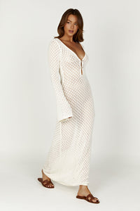 Maxi-jurk in haaklook met diepe halslijn en lange mouwen