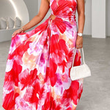 Plissé One-Shoulder Jurk met Bloemenpatroon – Elegant & Vrouwelijk
