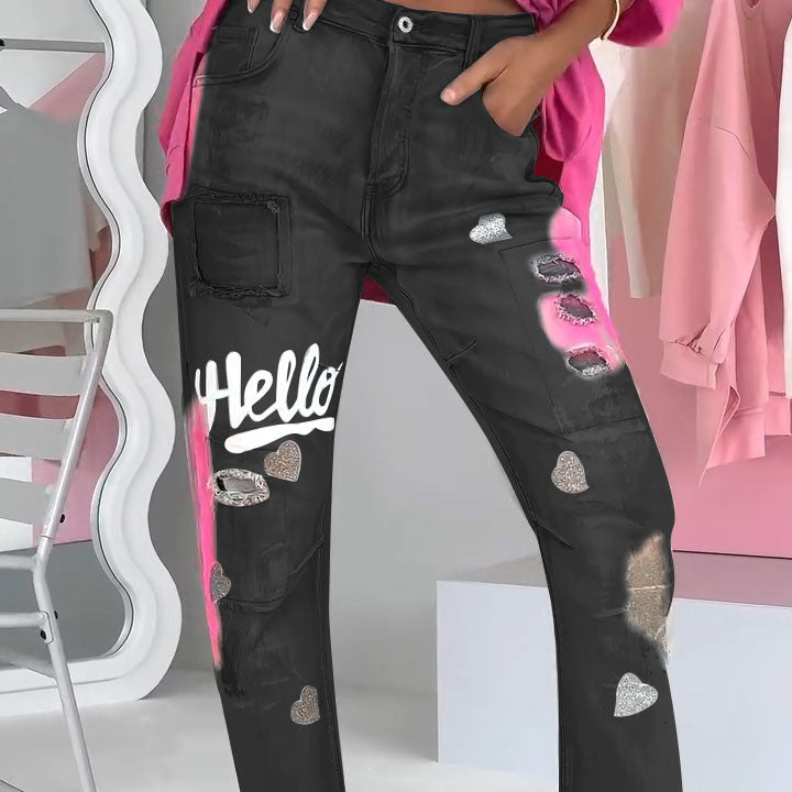 Alina™ Trendy damesjeans met graffiti-print