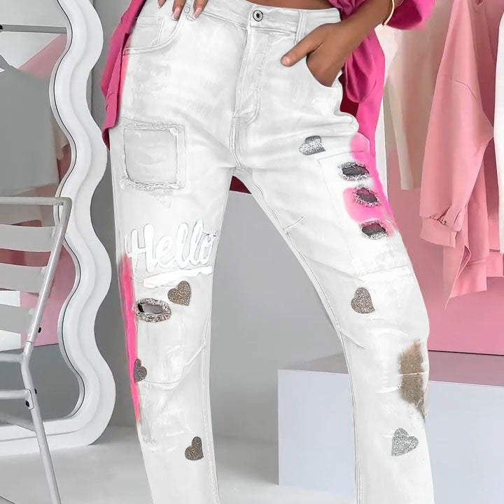 Alina™ Trendy damesjeans met graffiti-print