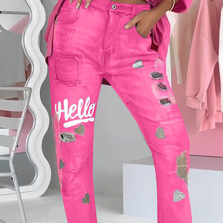 Alina™ Trendy damesjeans met graffiti-print