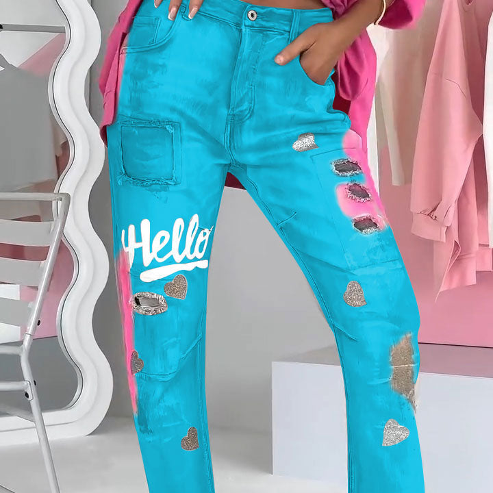 Alina™ Trendy damesjeans met graffiti-print