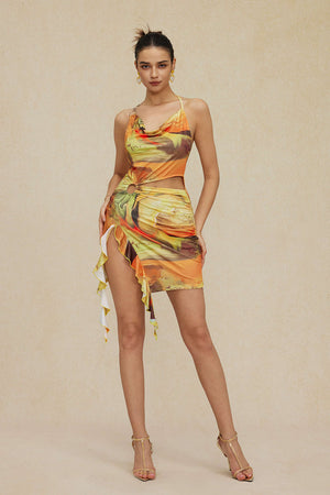 Mira | Asymmetrische Zijsplit Halter-Neck Mini-jurk met Kunstprint