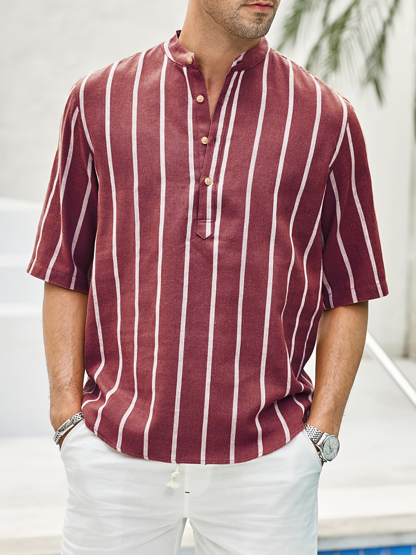 Samuel | Korte mouwen Henley zomerhemd met streepmotief
