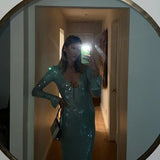 Maya | Spitze Front Lange Mouwen Mintgroene Glitters Jurk Dames