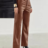 Dames Leren Broek – High-Waist Broek met Wijde Pijpen, Volledige Lengte & Zakken