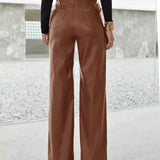 Dames Leren Broek – High-Waist Broek met Wijde Pijpen, Volledige Lengte & Zakken