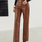 Dames Leren Broek – High-Waist Broek met Wijde Pijpen, Volledige Lengte & Zakken